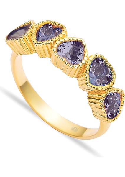 925 Ayar Gümüş Ametist Sıralı Kalp Yüzük