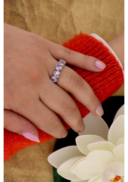 925 Ayar Gümüş Ametist Sıralı Kalp Yüzük fiyatları