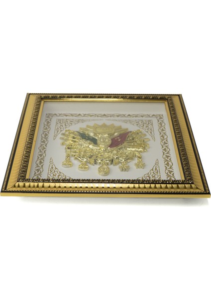 Home Islami Tablo 37*34 cm Osmanlı Devlet Arması Kabartmalı Önü Cam Tarih Desenli Ahşap Görünümlü Dayanıklı Gold Çerçeve modelleri