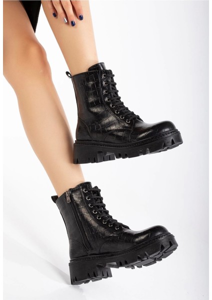 Siyah Kroko Bağcıklı Fermuarlı Günlük Kadın Bot fiyatları