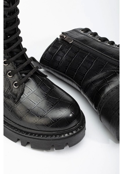 Siyah Kroko Bağcıklı Fermuarlı Günlük Kadın Bot fırsatları