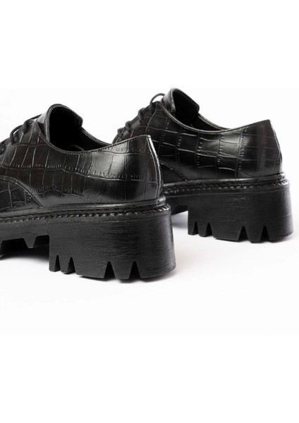 Siyah Kroko Bağcıklı Günlük Yüksek Tabanlı Loafer Ayakkabı modelleri