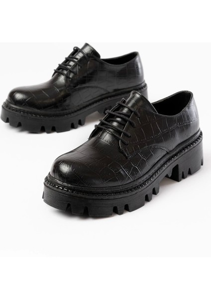 Siyah Kroko Bağcıklı Günlük Yüksek Tabanlı Loafer Ayakkabı indirimleri