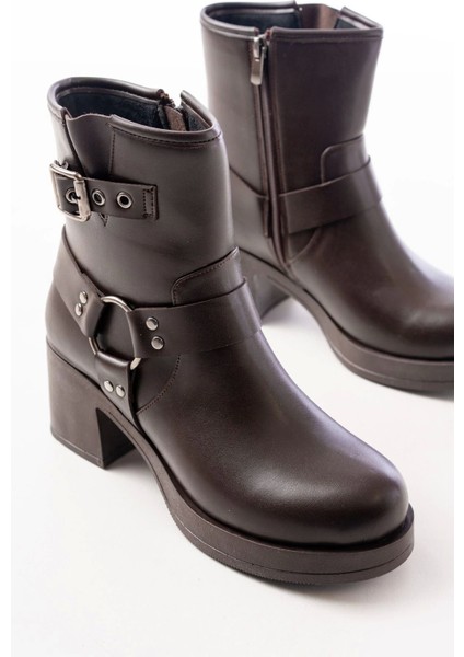 Kahverengi Toka Aksesuarlı Fermuarlı Kalın Topuklu Günlük Kadın Bot modelleri