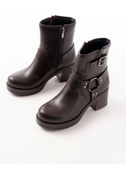 Kahverengi Toka Aksesuarlı Fermuarlı Kalın Topuklu Günlük Kadın Bot indirimleri