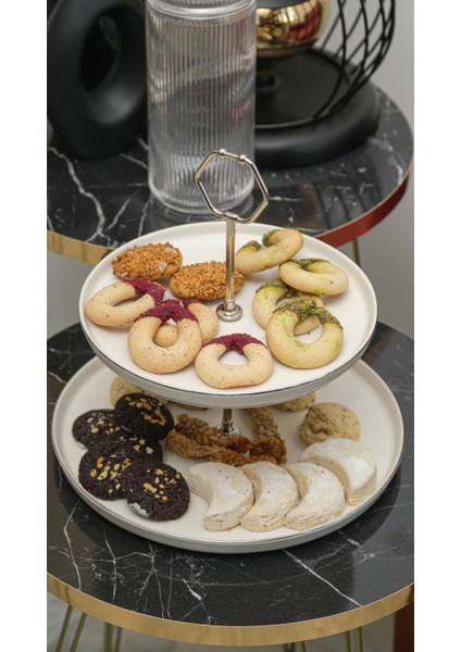 Rüya Platin Yaldız Porselen Kurabiyelik ve Sunumluk Kırık Beyaz