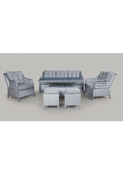 Menekşe 3+1+1+2puf+Masa Rattan Bahçe Balkon Mobilyası, 7 Kişilik Bahçe Takımı