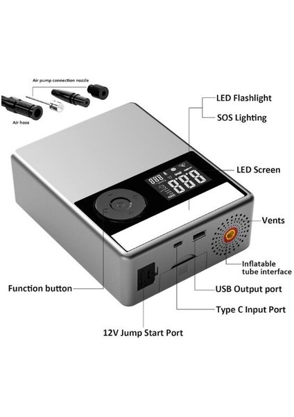 AGA-APJS03 12000MAH Akü Takviye Cihazı + Lastik Şişirme Kompresörlü Taşınabilir Jump Starter