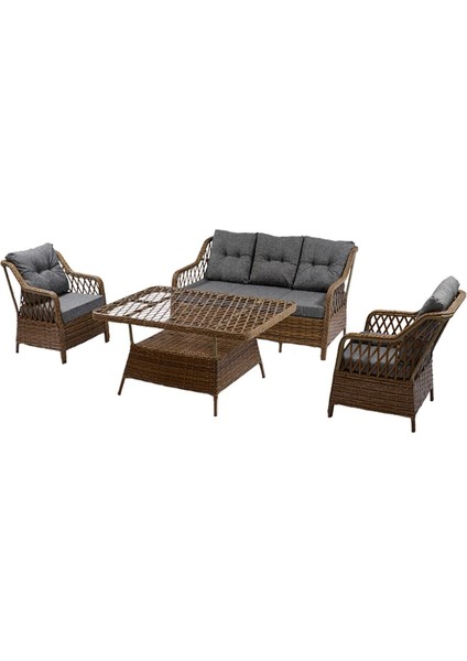 Metal Gövdeli 3+1+1+2puf+Masa Rattan Bahçe Balkon Mobilyası, 7 Kişilik Bahçe Takımı