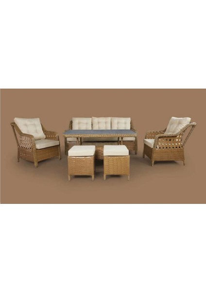 Menekşe 3+1+1+2puf+Masa Rattan Bahçe Balkon Mobilyası, 7 Kişilik Bahçe Takımı