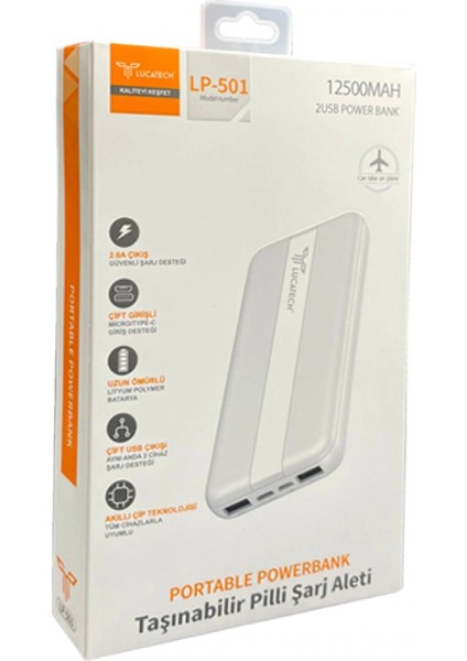 12500 Mah Çift USB ve Typec Mikro Girişli Taşınabilir LED Seviye Işıklı powerbank LP-501