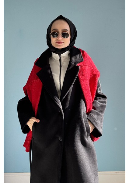 Oversize Biyeli Kaşe Kaban Siyah