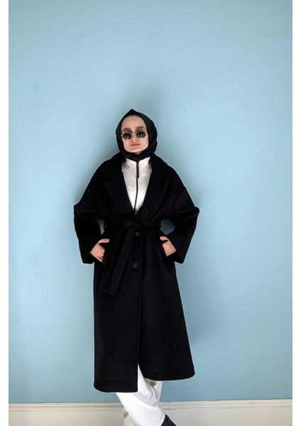 Oversize Biyeli Kaşe Kaban Siyah modelleri