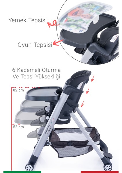Cappi Yükseklik Kademeli Sırt Kısmı Yatabilir Mama Sandalyesi