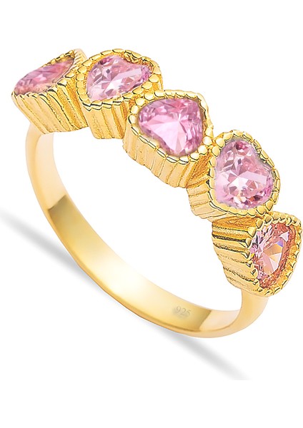 925 Ayar Gümüş Pembe Sıralı Kalp Yüzük