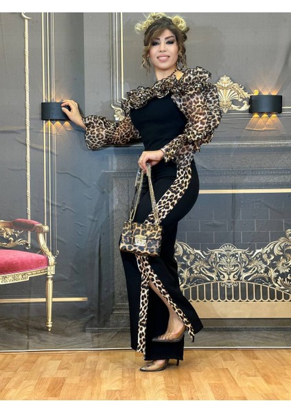 Takım Ikili Siyah Özel Günler Için Işlemeli Bluz ve Pantolonlu