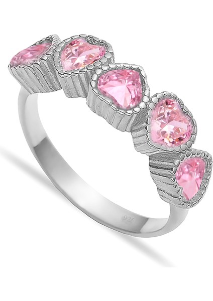 925 Ayar Gümüş Pembe Sıralı Kalp Yüzük