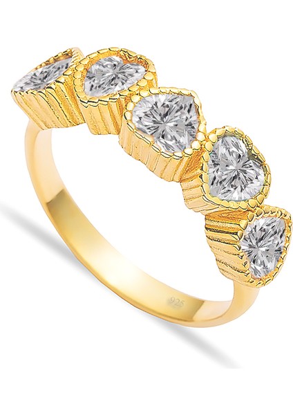 925 Ayar Gümüş Beyaz Sıralı Kalp Yüzük