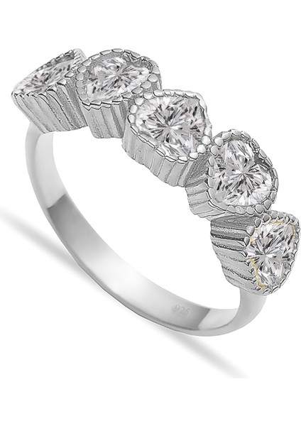 925 Ayar Gümüş Beyaz Sıralı Kalp Yüzük