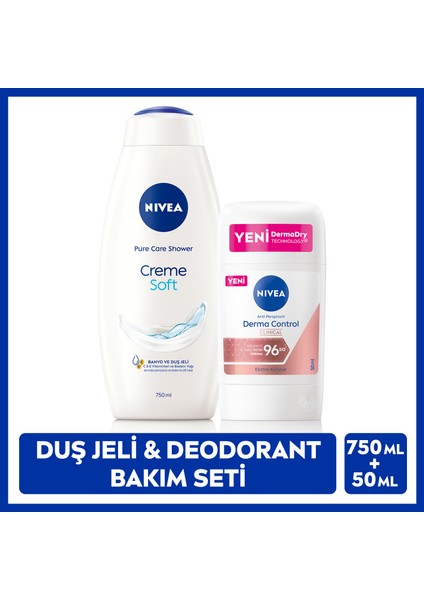 Kadın Creme Soft Duş Jeli 750ml ve Stick Deodorant Derma Control Clinical 50ml, 96 Saat Ter Koruması