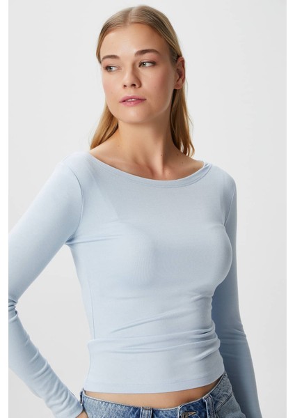 Kayık Yaka Uzun Kollu Açık Mavi Soft Top / Bluz