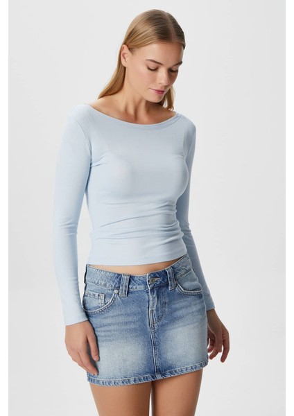Kayık Yaka Uzun Kollu Açık Mavi Soft Top / Bluz