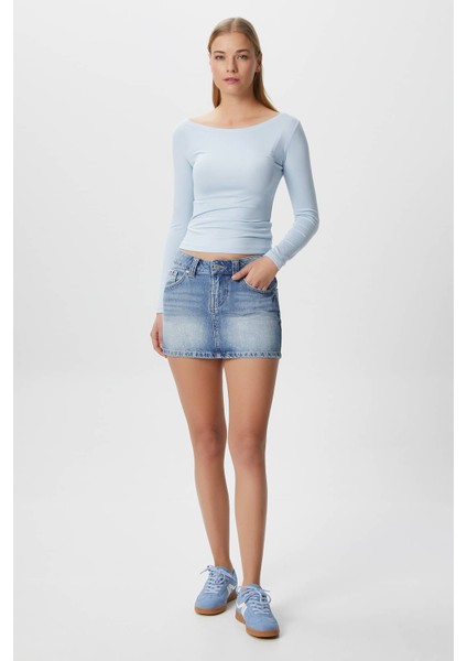 Kayık Yaka Uzun Kollu Açık Mavi Soft Top / Bluz