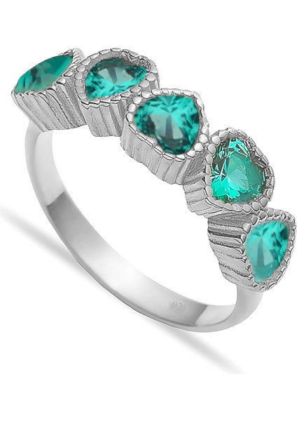 925 Ayar Gümüş Paraiba Sıralı Kalp Yüzük