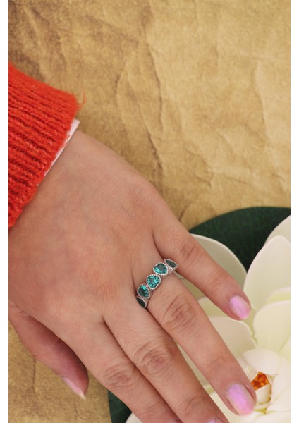 925 Ayar Gümüş Paraiba Sıralı Kalp Yüzük fiyatları