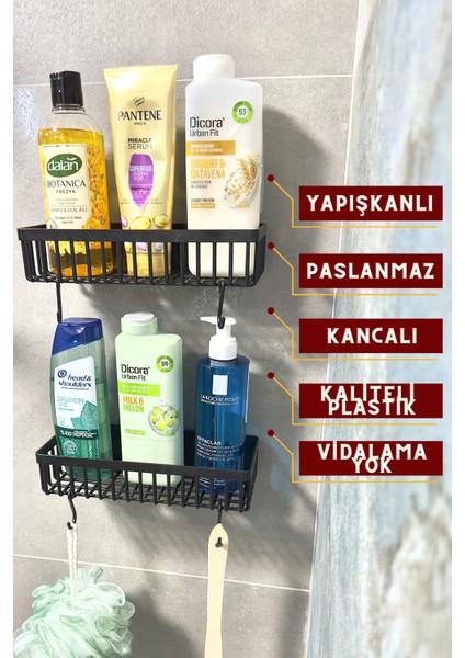 Banyo Düzenleyici, Plastik Raf, Şampuanlık, Yapışkanlı Banyo Rafı, Ikili Plastik Banyo Rafı