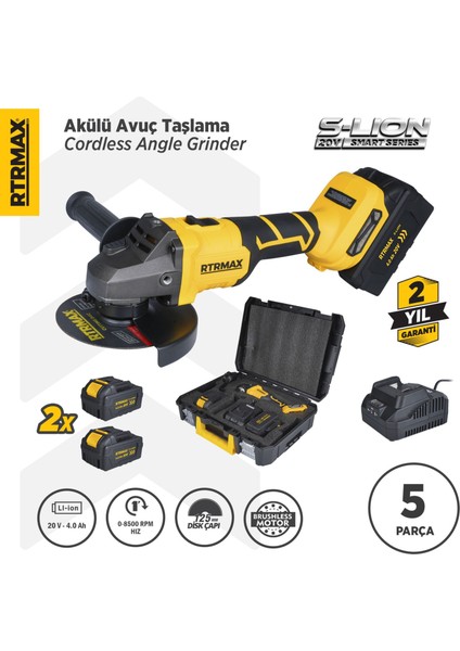 RTS5050 Şarjlı Avuç Taşlama Makinası Kömürsüz 125mm 8.500 Rpm 2x4 Ah 20V Çift Akü S-Lion - Akü Dahil