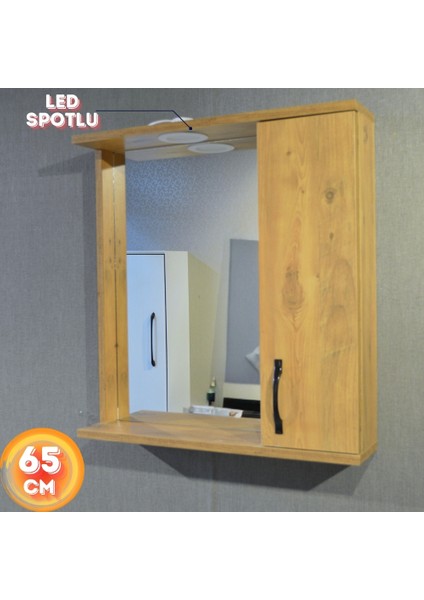 Banyo Dolabı 65 cm MDF Aynalı LED Spotlu Üst Dolap Atlantik Çam