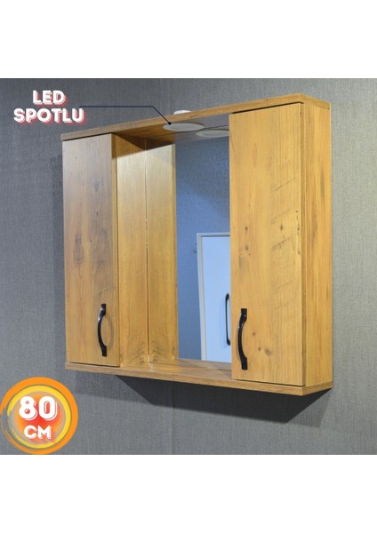 Banyo Dolabı 80 cm Mdf Aynalı LED Spotlu Üst Dolap Atlantik Çam