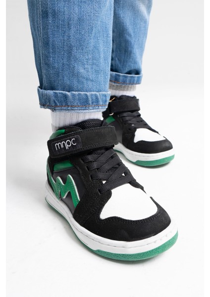 Unisex Çocuk Siyah-Yeşil Hakiki Deri Anatomik Sneakers Bot