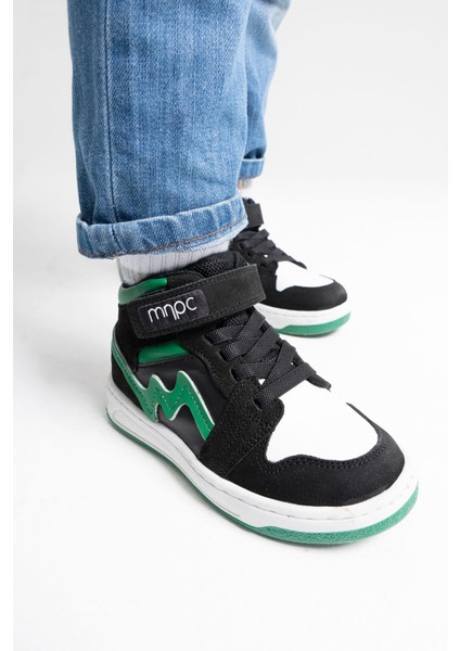 Unisex Çocuk Siyah-Yeşil Hakiki Deri Anatomik Sneakers Bot