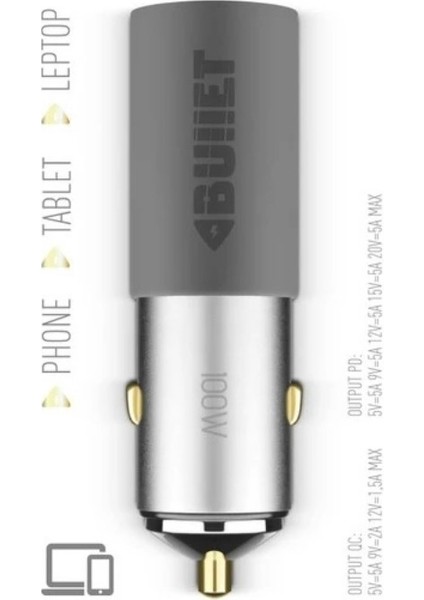 Bullet 100W Araç Çakmaklık Şarj Cihazı Type-C ve USB Çıkışlı Profesyonel Turbo Hızlı Şarj