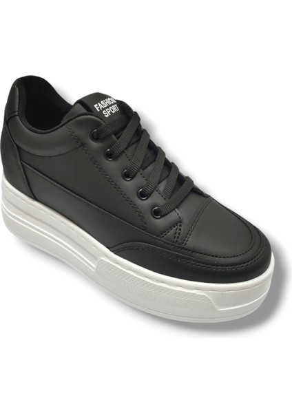 187-25 Deri Dolgu Topuk Kadın Sneaker Siyah Beyaz