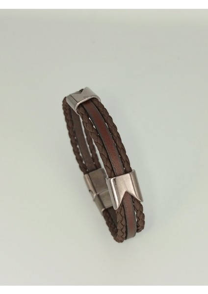 Dezury Kahverengi Deri Bileklik Örgülü Düz Nikel Klips Erkek Large