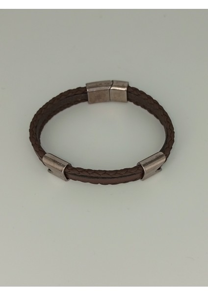 Dezury Kahverengi Deri Bileklik Örgülü Düz Nikel Klips Erkek Large fiyatları