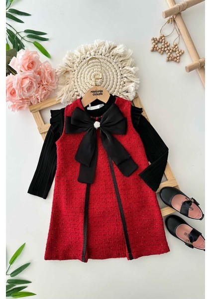 Chanel Kumaş Saten Fiyonk Detaylı Kız Çocuk Elbise ve badi kombin - Kırmızı