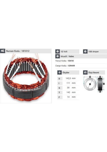 12V ALTERNATÖR STATÖR VALEO TİPİ 150 A (6 UÇLU)