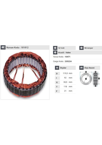 12V ALTERNATÖR STATÖR VALEO TİPİ 90 A (3 UÇLU) FIAT 1.3 MULTIJET