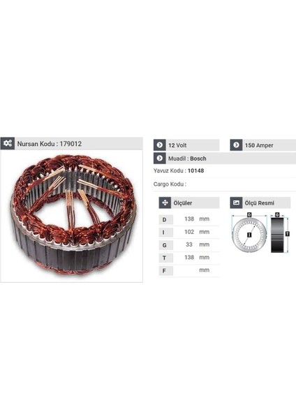 12V ALTERNATÖR STATÖR VALEO TİPİ 150 A (6 UÇLU) FIAT-FORD-PEUGEOT-VOLVO