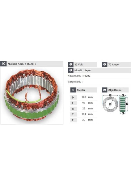 12V ALTERNATÖR STATÖR MITSUBISHI TİPİ 70 A (3 UÇLU)