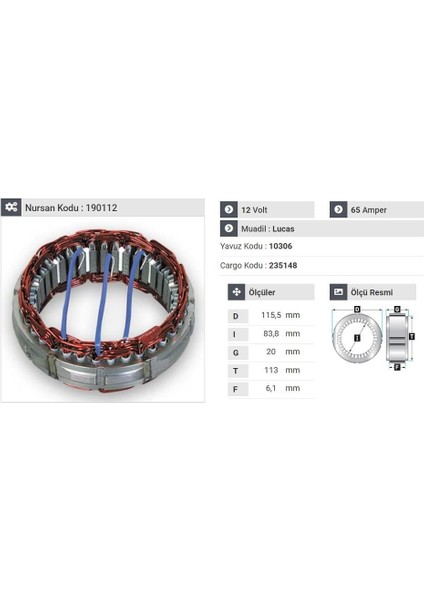 12V ALTERNATÖR STATÖR LUCAS TİPİ 65 A (3 UÇLU) ACR 15/16
