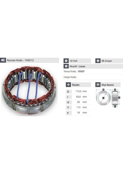12V Alternatör Statör Lucas Tipi 55 A (3 Uçlu) (A-115)