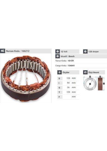 12V ALTERNATÖR STATÖR BOSCH TİPİ 120 A