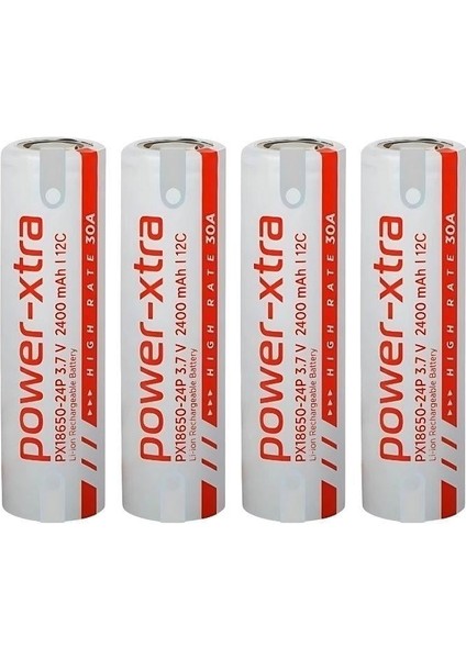 PX18650-24P - 3.7V 2400 Mah Li-Ion Şarjlı Pil - 12C - 30A 4 Lü (+ - Pinli)