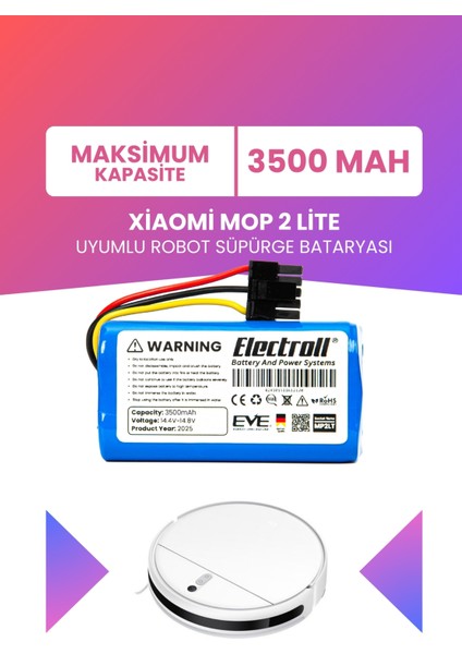 Xiaomi Mop 2 Lite Uyumlu Batarya (Maksimum Kapasite) 3500MAH Pil Robot Süpürge Bataryası BHR5217EU