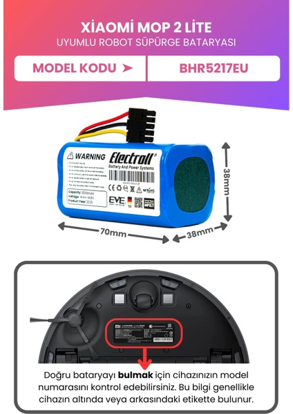 Xiaomi Mop 2 Lite Uyumlu Batarya (Maksimum Kapasite) 3500MAH Pil Robot Süpürge Bataryası BHR5217EU fiyatları